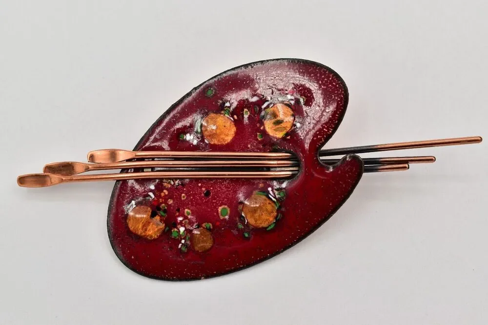 Matisse Renoir Palette Brooch Pin Copper Red Enamel Vintage Signed 1950s BinBG